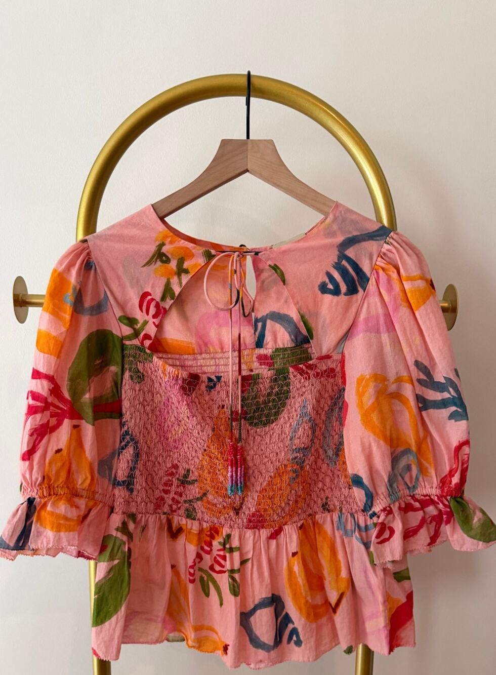 Farm Rio Smocked Pink Cotton Blouse with Beaded Tassel Tie, Large